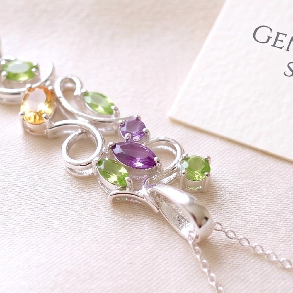 Multi Gemstone Topaz Amethyst Scroll Vine Drop‎ Pendant Multicolor